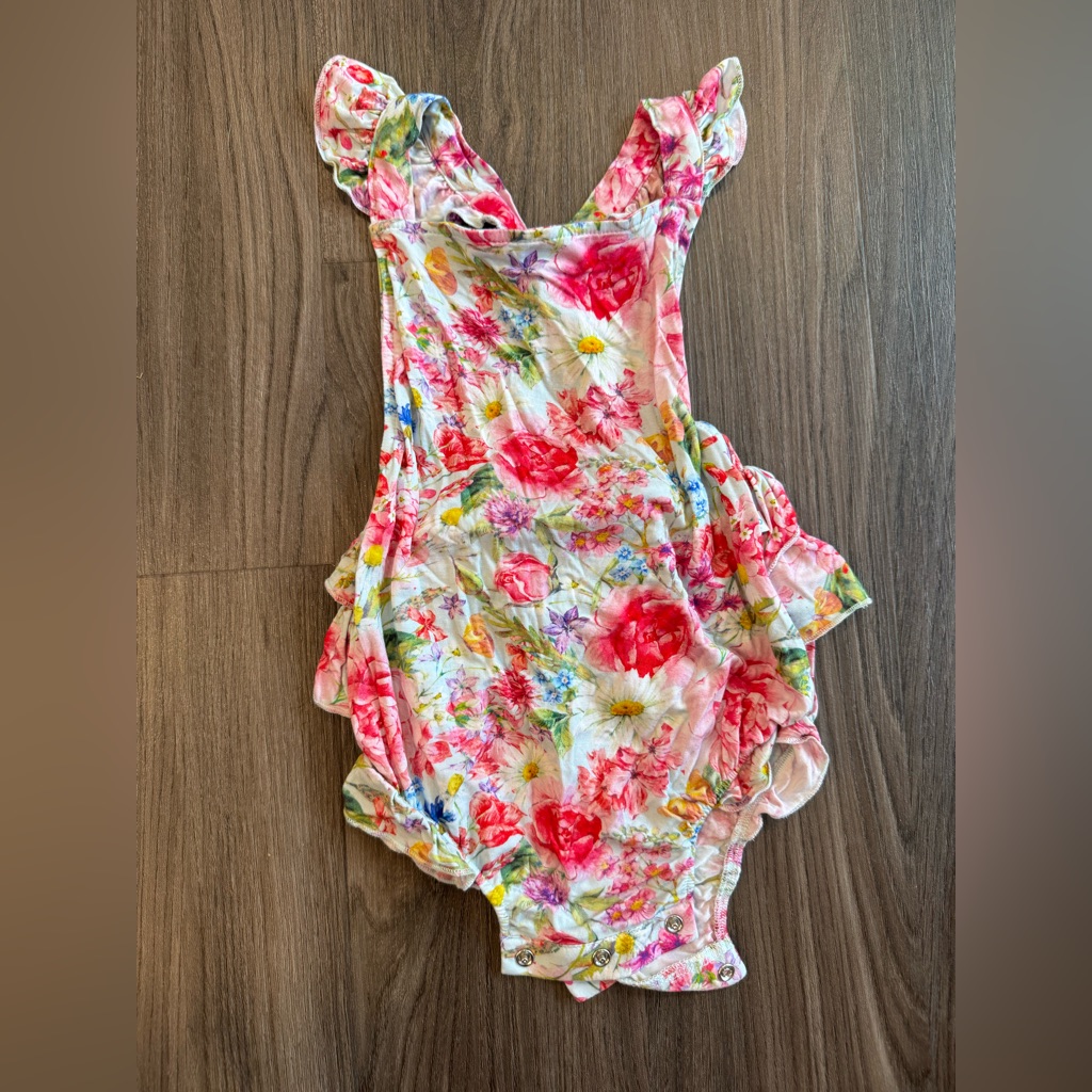 Posh Peanut Alice Ruffled Strap One-Piece Bubble Romper - Pink & White Floral